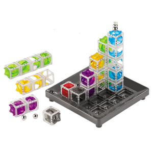 colored tower pieces on top of a black plastic grid