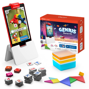 plastic shapes, cards with numbers and letters, ipad holder