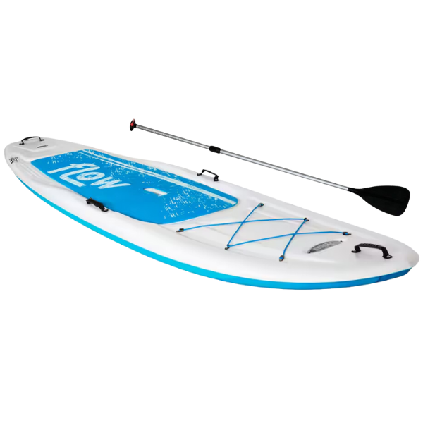 blue and white paddleboard with paddle