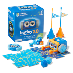 coding robot on top of a gridded mat with playing pieces