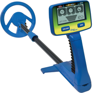 small, blue metal detector with display screen