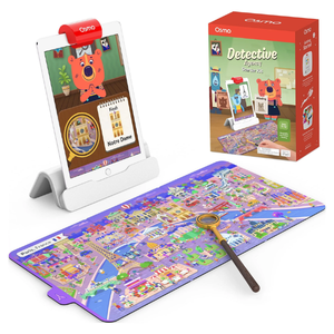 game board with ipad holder and plastic magnifying glass
