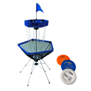 blue disc golf basket with three discs
