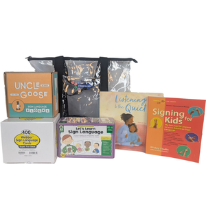 kit with sign language learning games and educational books