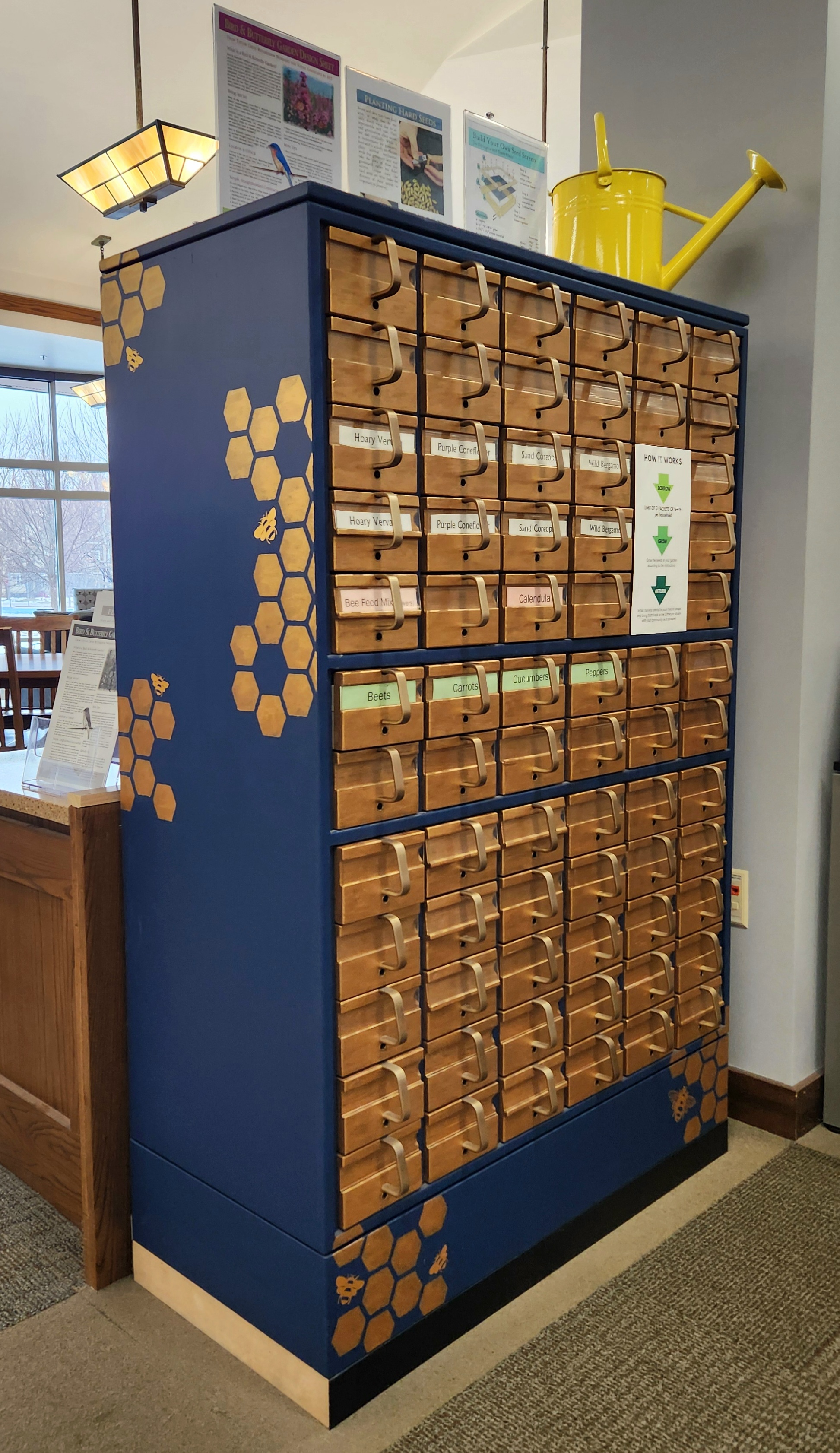 The seed library made out of an old card catalog.