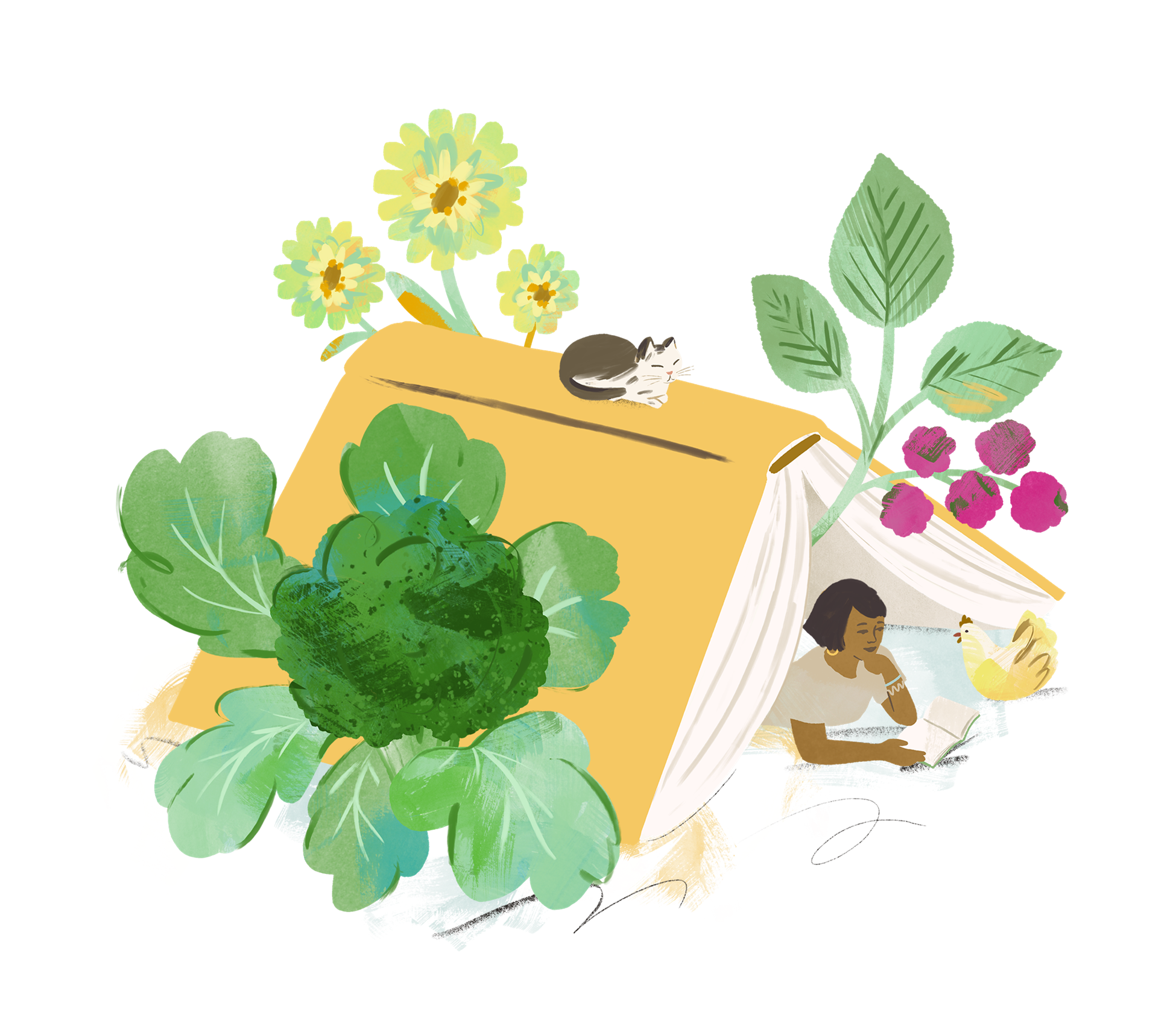 Woman nestled in large book tent reading.