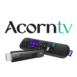 Black and green Acorn TV logo with Roku streaming stick and remote