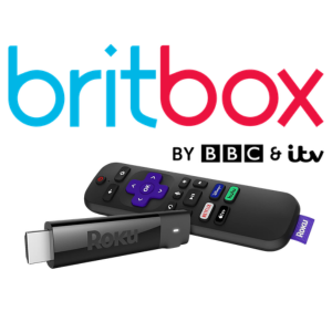 Blue and red BritBox logo above black and white BBC and ITV logos with Roku streaming stick and remote