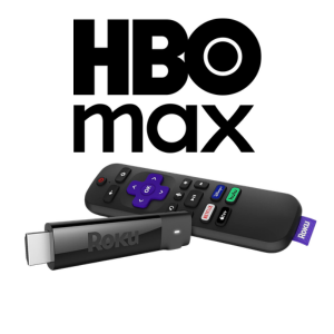 Black HBO Max logo with Roku streaming stick and remote