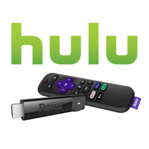 Green Hulu logo with Roku streaming stick and remote
