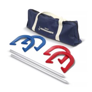 Blue canvas bag with two blue horseshoes, two red horseshoes, and two long silver stakes
