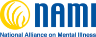 National Alliance on Mental Illness blue text logo with a yellow round logo