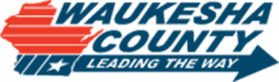 Waukesha County blue text logo with a blue arrow and text reading 'Waukesha County Leading the Way'.
