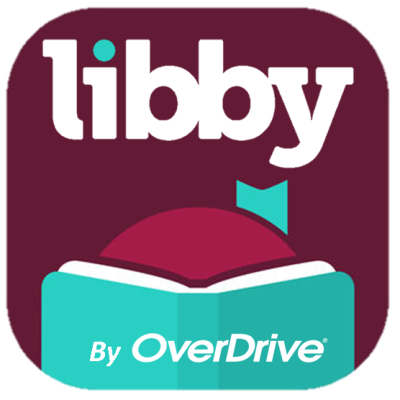Libby by OverDrive maroon background, white text, and a teal colored book