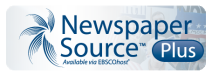 Newspaper Source Plus database logo with 'Newspaper Source' in blue text. 'Plus' is white text in a blue circle.