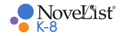 Novelist K-8 database logo in black and blue text with blue, orange, and purple dots
