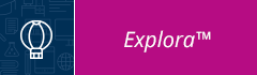 Explora logo with white outline of hot air balloon on dark blue background and white text on purple background