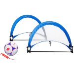 blue soccer goals and soccer ball with air pump