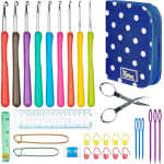 Crochet kit with hooks, case, scissors, safety pins, and needles