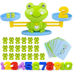 green plastic frog with numbers one through ten, playing cards and miniature green frog pieces