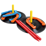 two horseshoe stakes with game pieces