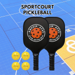 two pickleball paddles and four balls