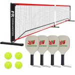 pickleball net with four rackets and four balls