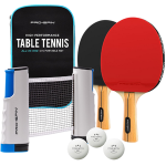 table tennis net, paddles, and balls