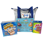 blue tote bag with board games and card games