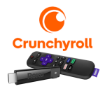Orange Crunchyroll logo with Roku streaming stick and remote
