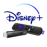 Blue Disney+ logo with Roku streaming stick and remote