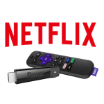 Red Netflix logo with Roku streaming stick and remote