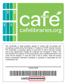 Back of a Cafe Library card with a barcode