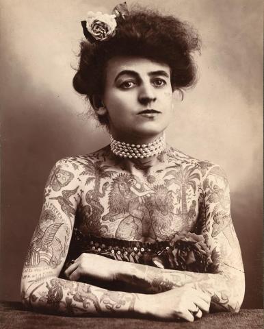 Portrait of tattooed woman Maude Wagner
