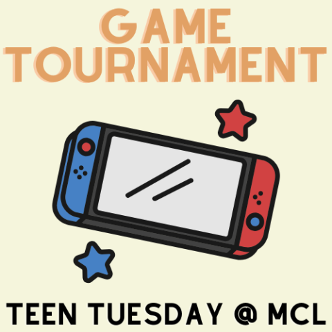 Text reads game tournament with a graphic image of a Nintendo Switch game console.