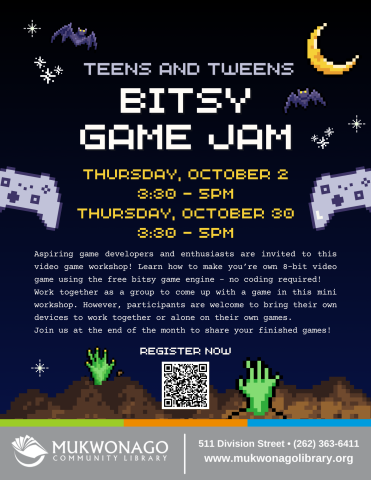 Bitsy Game Jam flyer for Teens and Tweens. Meeting dates are Thursday, October 2nd from 3:30 PM to 5:00 PM. 