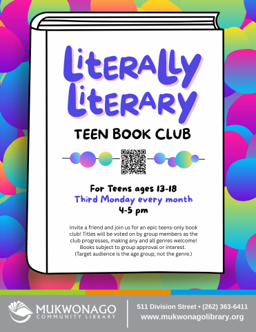 Literally Literary book club flyer. Teens only. Club meets every 3rd Monday each month. 
