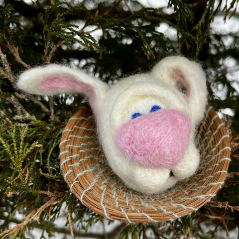 needle felted bunny head in white with a large pink nose