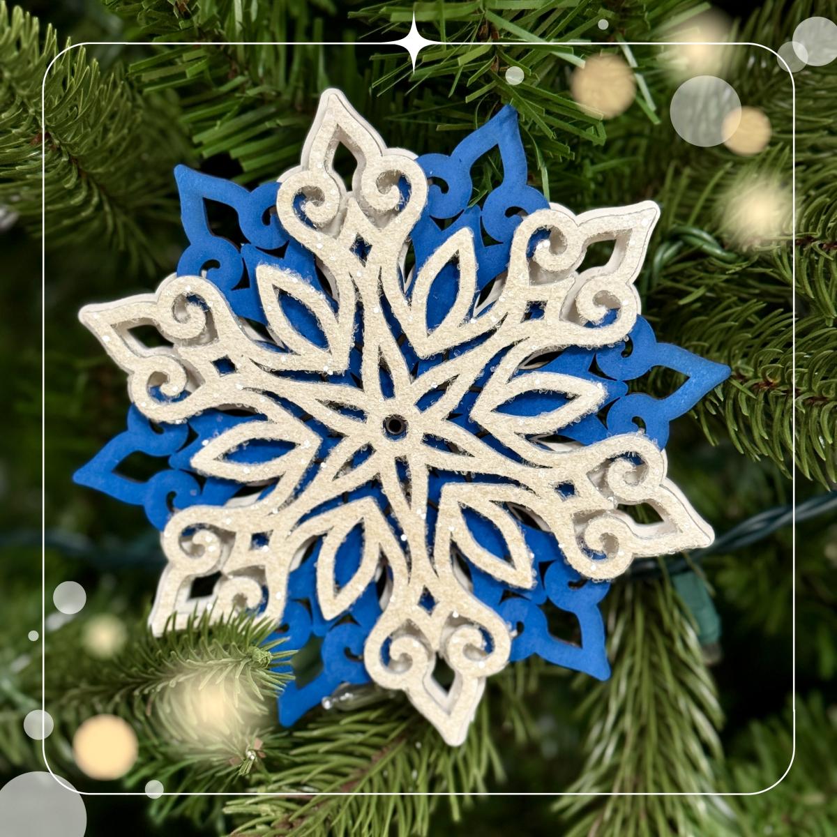 blue and white wood snowflake