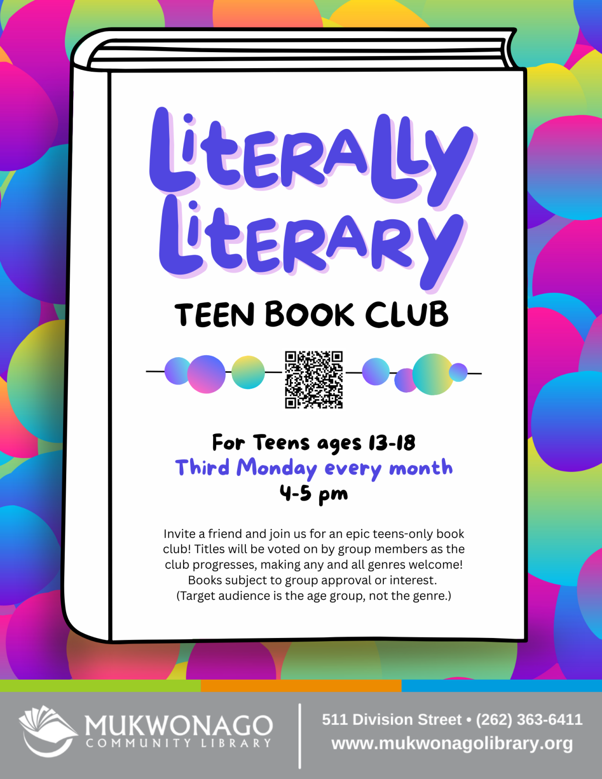 Literally Literary book club flyer. Teens only. Club meets every 3rd Monday each month. 