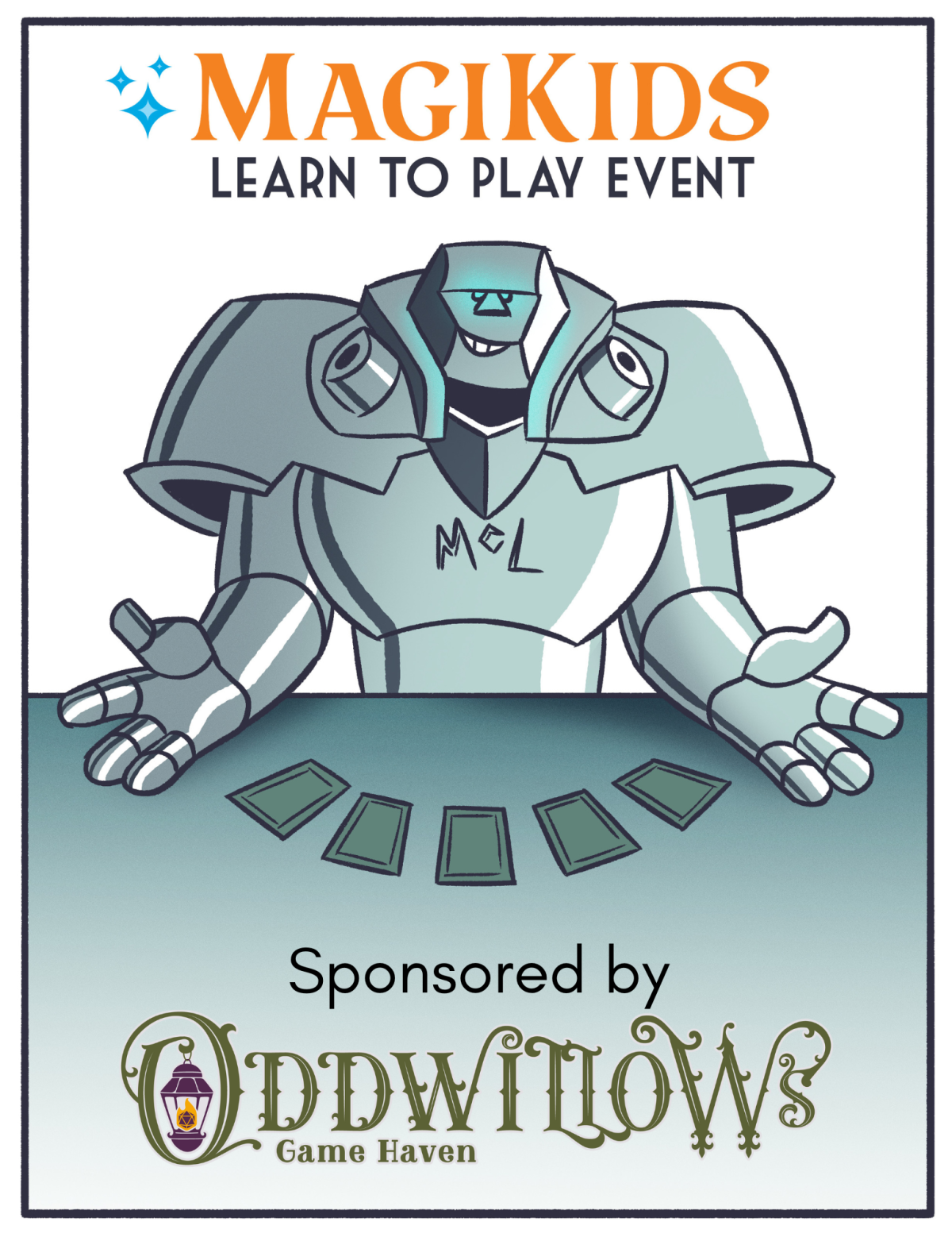 Flyer for MagiKids. Illustration of seated robot inviting players to join the card game