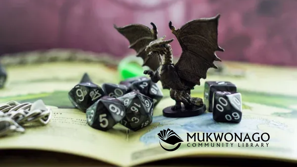 Photo of dragon miniature and dice with Mukwonago Community Library watermark.
