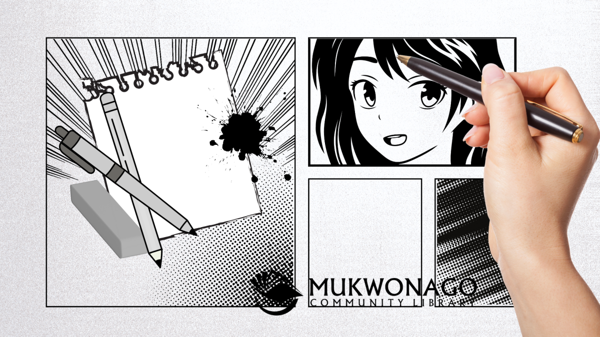 Image of hand illustrating manga with Mukwonago Community Library watermark. 