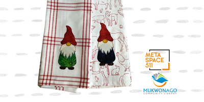 photo tea towel with die cut fabric gnome appliques