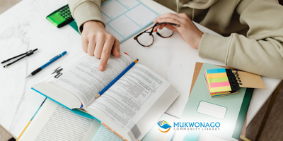 Image depicting a student studying. Mukwonago Community Library Watermark is included. 