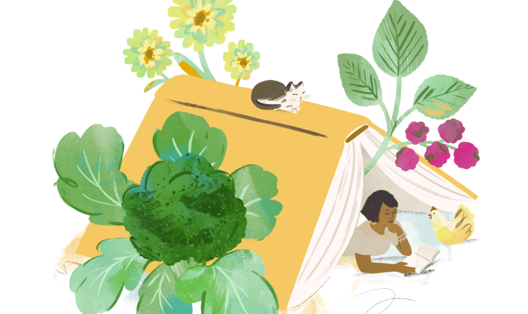 Woman nestled in large book tent reading.